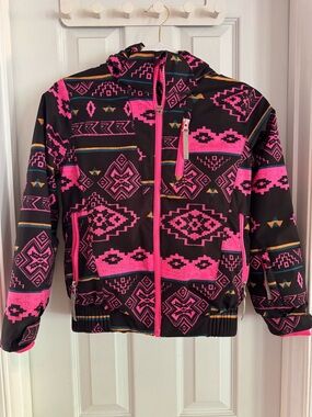 Spyder Kids Black & Hot Pink Aztec Hooded Puffer Jacket Size 10
